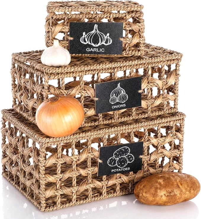 Blushtier Set of 3 Kitchen Vegetable Storage Potato Onion Garlic Storage Bins with Lid and Label, Handwoven Wicker Pantry Organizer Keeper Containers Baskets for Countertop Cabinet Farmhouse Decor