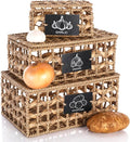 Blushtier Set of 3 Kitchen Vegetable Storage Potato Onion Garlic Storage Bins with Lid and Label, Handwoven Wicker Pantry Organizer Keeper Containers Baskets for Countertop Cabinet Farmhouse Decor