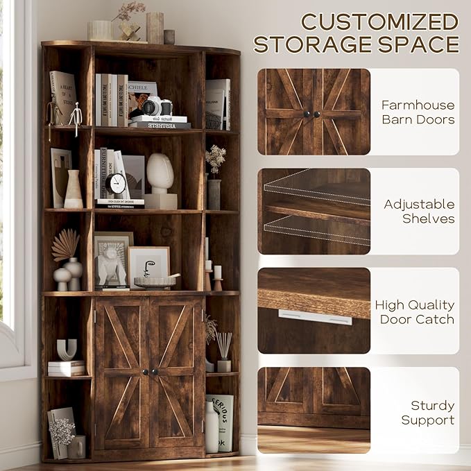 Vabches Corner Storage Cabinet, Farmhouse Storage Shelf with Bottom Cabinet, 67” Tall Corner Bookshelf with Barn Doors and Adjustable Shelf for Study, Living Room and Bedroom(Rustic Brown)