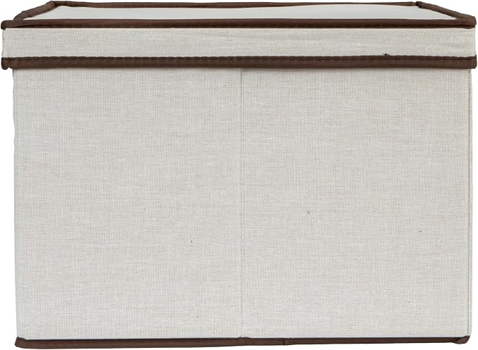 Household Essentials Square Storage Box with Lid in Breathable Canvas Sides with Sturdy Base and Convenient Handle, Natural with Brown Trim