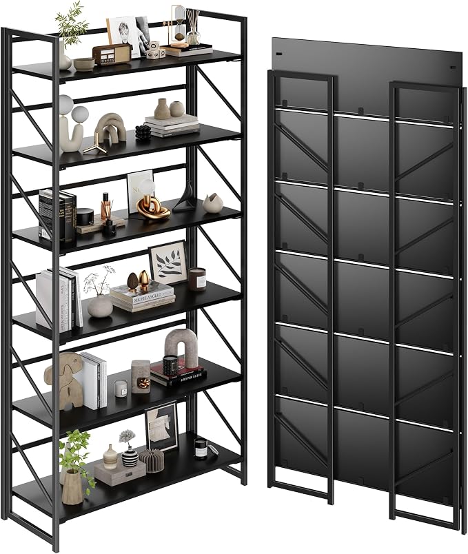 JSB 6 Tier No Assembly Folding Bookshelf, 30.7" Wide Foldable Storage Bookcase for Home Office, Space-Saving Storage Shelf for Living Room (Black)