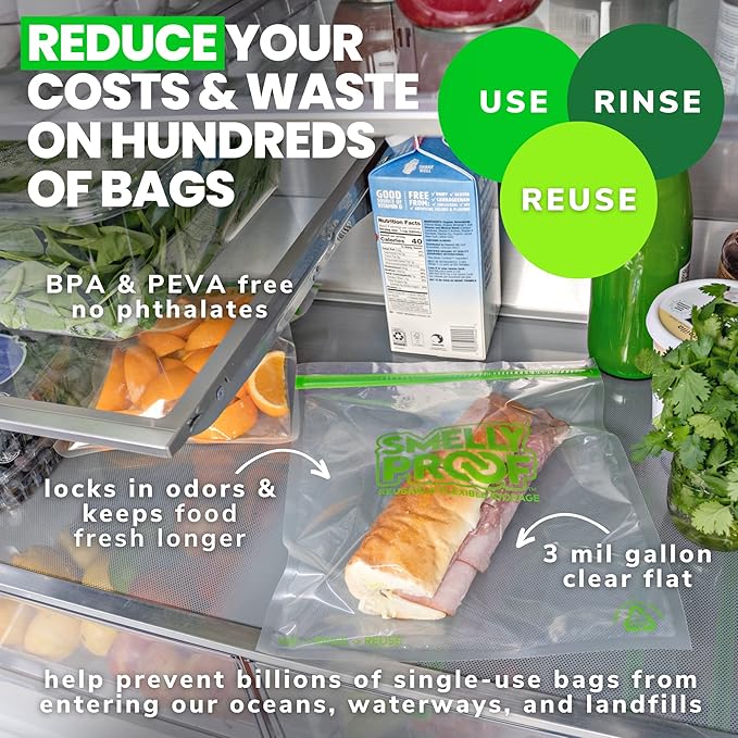 Reusable Food Storage Bags by Smelly Proof, Reusable Freezer Bags, MADE IN USA, Dishwasher-Safe, BPA FREE, NO PEVA, XL 3-mil, Extra Large Clear FLAT 10.5" x 12" GALLON 10-Pack | Airtight Seal, Leakproof Closure, Odor Blocking, Reusable, Multi-Layer Fil...