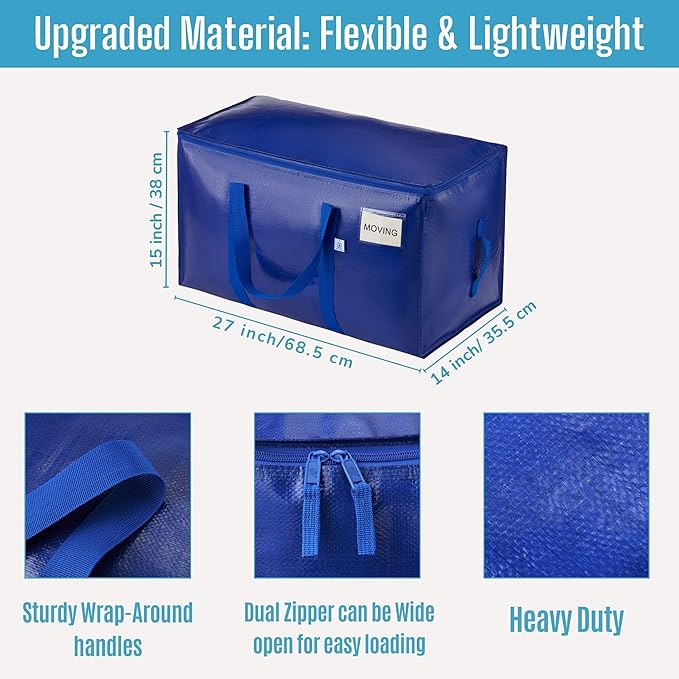 VENO 10 Pack Heavy Duty Moving Bags, 90L Extra Large Packing Storage Totes, 50lbs Load, Reinforced Handles, Zippers & Tag, for College Dorm Essentials, Clothes, Bedding (Blue)