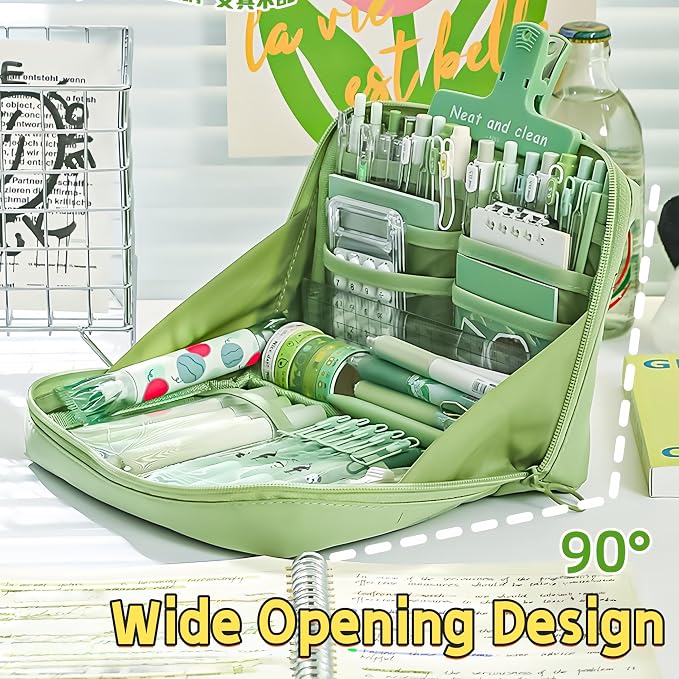 Kawaii Cute Aesthetic Pencil Case - Large Capacity Canvas Pen Pouch Bag (Green)