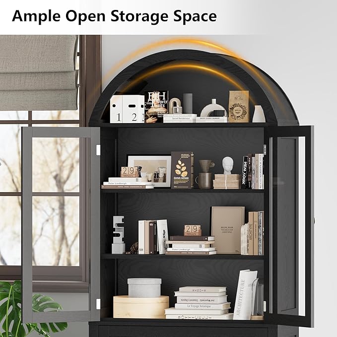 71" Tall Arched Bookshelf, 6-Tier Bookcase with Glass Doors & Adjustable Shelves, Wood Display Book Shelf with Drawers for Living Room, Dining Room, Black