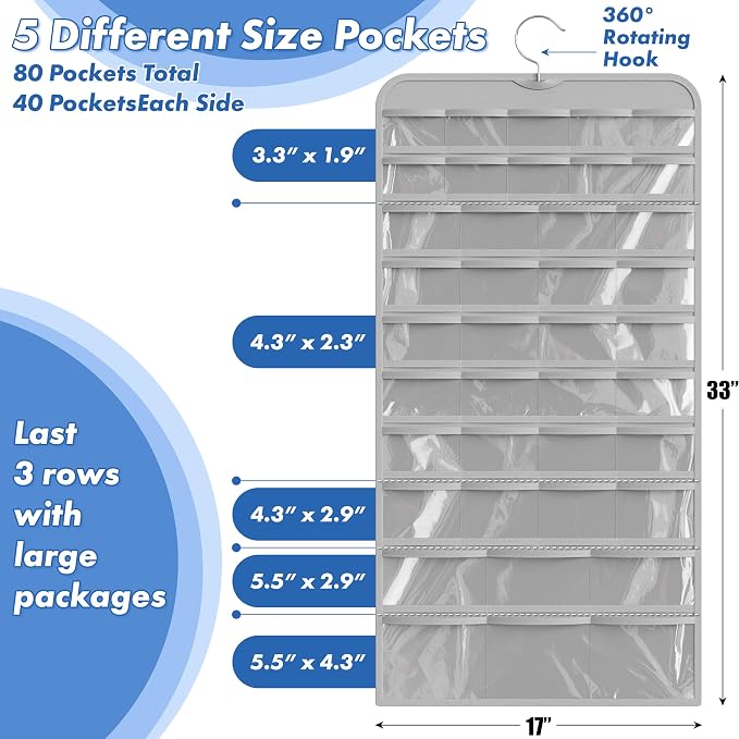 Simple Houseware 80-Pocket Hanging Jewelry Organizer with 5 Sizes, 2 Pack | for All Types of Accessories, Gray