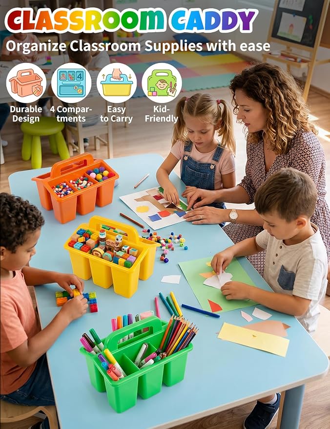 6 Pack Classroom Caddy Organizer with Handle, Table Caddy Classroom | 4 Compartments, 9×6.3×6.7 inches, Thick Durable PP Plastic, Built-in Handle, Stackable Design, for Classroom Desk Office Home