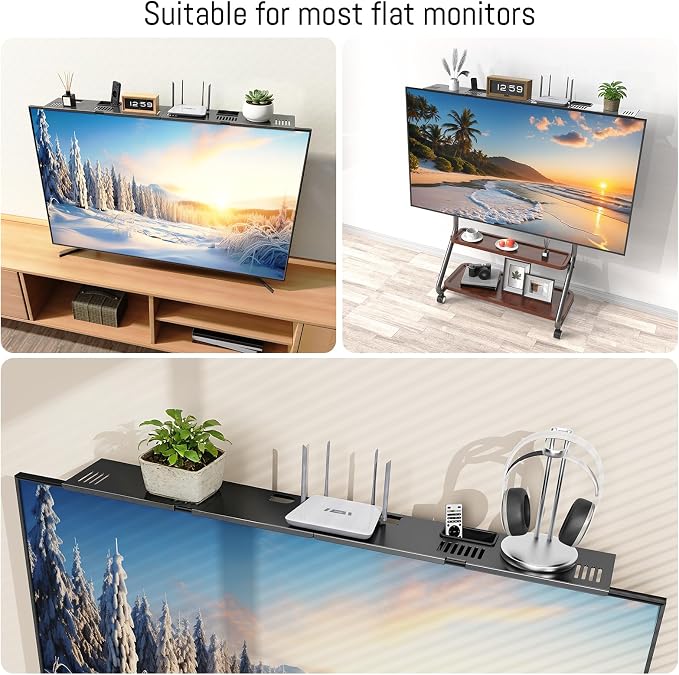 CABTE Adjustable Steel TV Top Shelf, Floating TV Stand, Universal Monitor Shelf for Soundbar, Game Console, Cable Box, Router Shelves (33.86"x4.7" with Boxes)