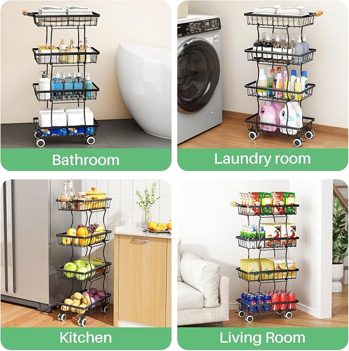SAYZH Fruit Basket Kitchen Pantry Organizers and Storage - 4 Tier Stackable Metal Wire Basket Stand for Fruit Vegetable Snacks Jars Bins Containers Organization(Black, 4 Tiers)