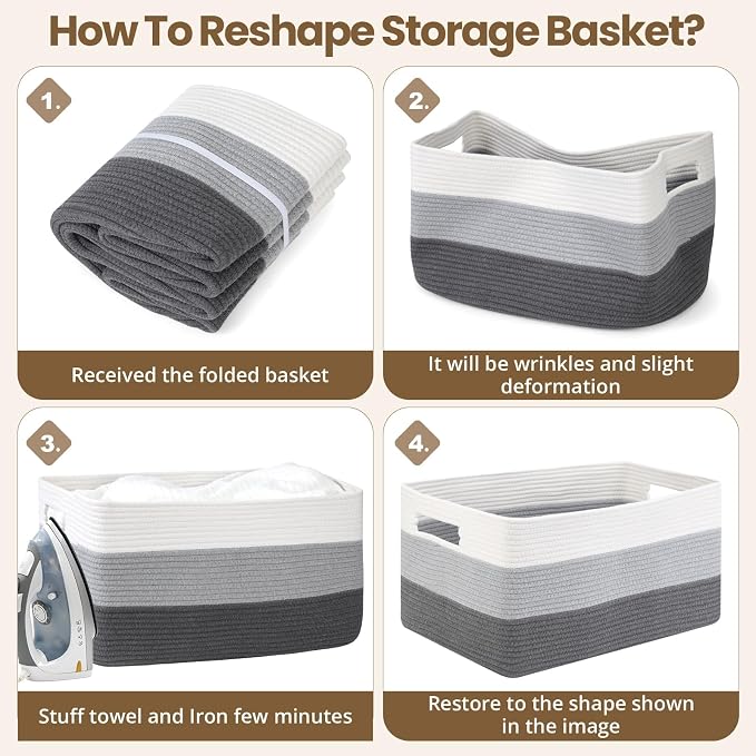 Optish 95L Large Blanket Basket, Woven Storage Baskets with Reinforced Handles, Rope Laundry Basket for Living Room, Bedroom, Nursery, Toys, Clothes, Pillows, 24” x 17” x 13.5”, White & Grey