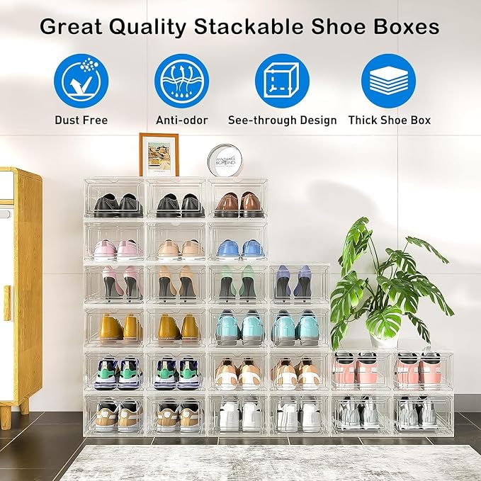 10 Pack Thickened Clear Stackable Shoe Organizer Storage Boxes with Magnetic Door, Sneaker Display Cases for Closet, Entryway & Under Bed Storage, Space Saving Shoe Storage Solution, White