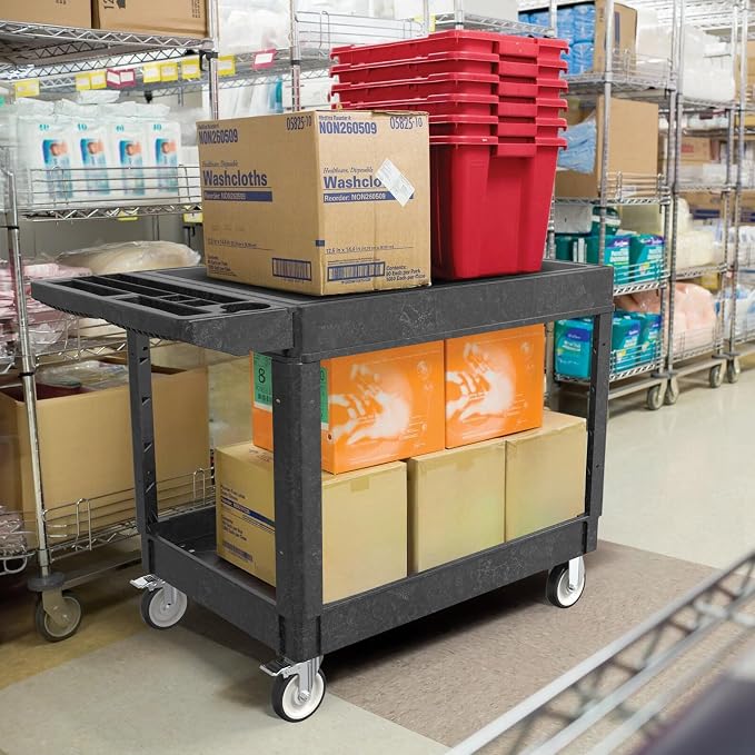 Plastic Utility Cart on Wheels, Large Flat Top Rolling Service Cart-Black | 46 x 25 Inch 2 Shelf Work Carts, 500 lbs Capacity Heavy Duty Tool Cart W/Tub Storage, for Warehouse, Garage, Cleaning