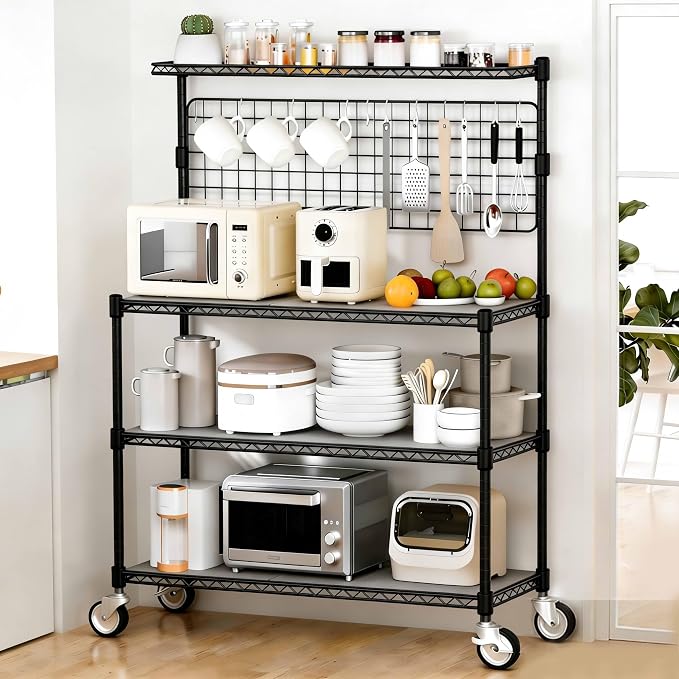 Bakers Rack with Storage & Wheels, 42In Microwave Stand Kitchen Shelves | 4-Tier Heavy Duty Storage Rack with 20 S-Hooks, Commercial Metal Utility Kitchen Cart, 42× 18× 63 Inch, Black