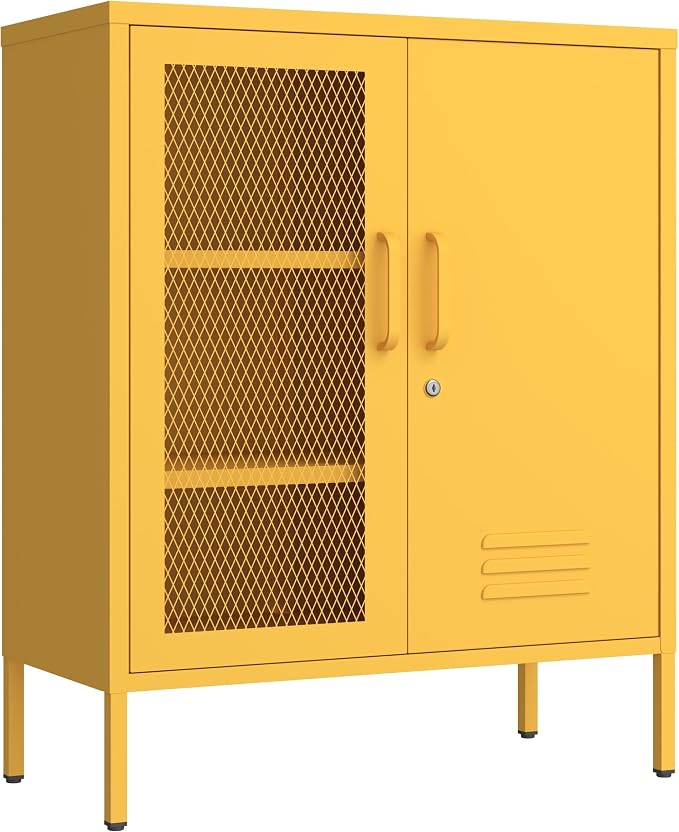 Yellow Lockable Metal Storage Cabinet, Multi-Functional Locker with Adjustable Shelf,Metal Double Door Sideboard for Kitchen Home Office Size：33" H X 29.5" W X 13.8" D