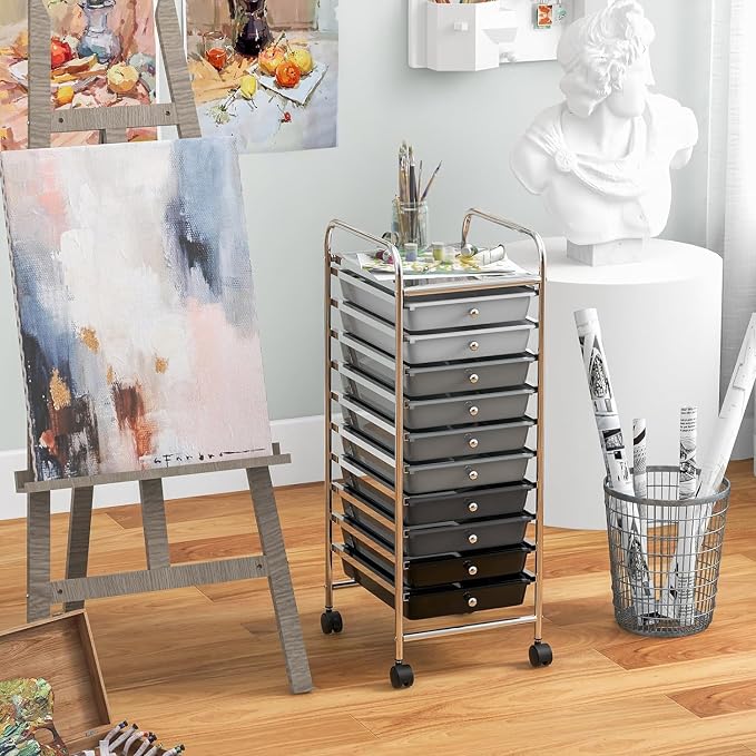 LDAILY 10-Drawer Rolling Storage Cart, Rolling Storage Cart, Storage Organizer on Wheels, Metal Frame, Scrapbook Paper Tools, Suitable for Office School, Classroom (Gradient Grey, 10 Drawer)