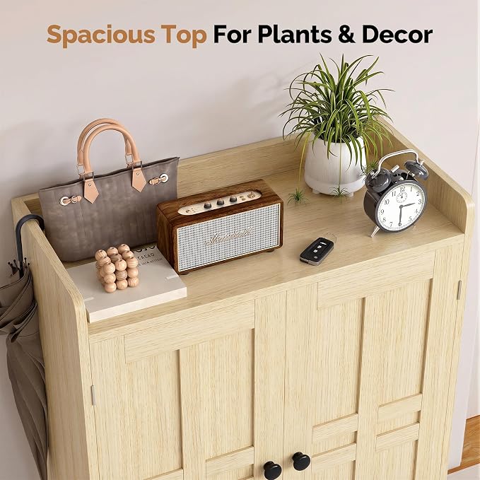 Farmhouse Shoe Cabinet with Doors, 6-Tier Wooden Shoe Organizer with Adjustable Shelves, Entryway Storage Cabinet, Rustic Shoe Storage for Entryway or Living Room (Nature)