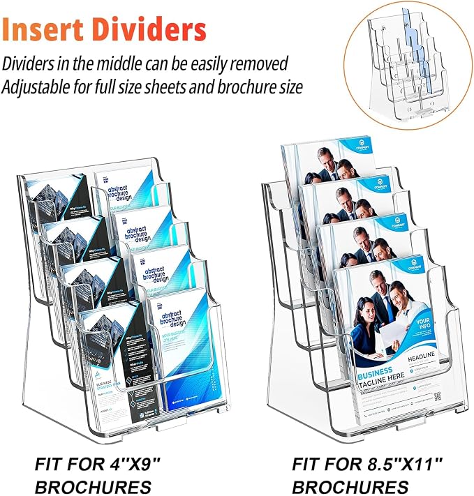 FUCDTEFC Acrylic Brochure Holder 8.5x11 & 4 x9 Inches, Clear 4 Tier Magazine Holder Brochure Display Stand w Removable Divider, Literature Pamphlet Flyer Holder for Wall Mount or Countertop