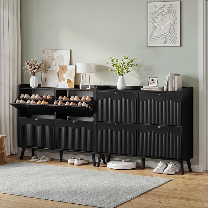 BERRYMERRY 47.2” Shoe Storage Cabinet for Entryway with 4 Flip Drawers, Narrow Shoe Organizer with Wave&Fluted Panel, Freestanding Wood Hidden Shoe Cabinet for Hallway