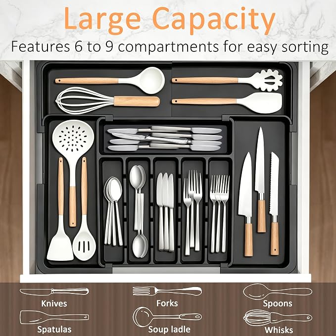 Spaclear Silverware Organizer Expandable Kitchen Utensil Drawer Organizer Large BPA Free Adjustable Cutlery Silverware Tray for Spoons Forks Knives Storage Divider for Kitchen Flatware 6-9 Slots Black
