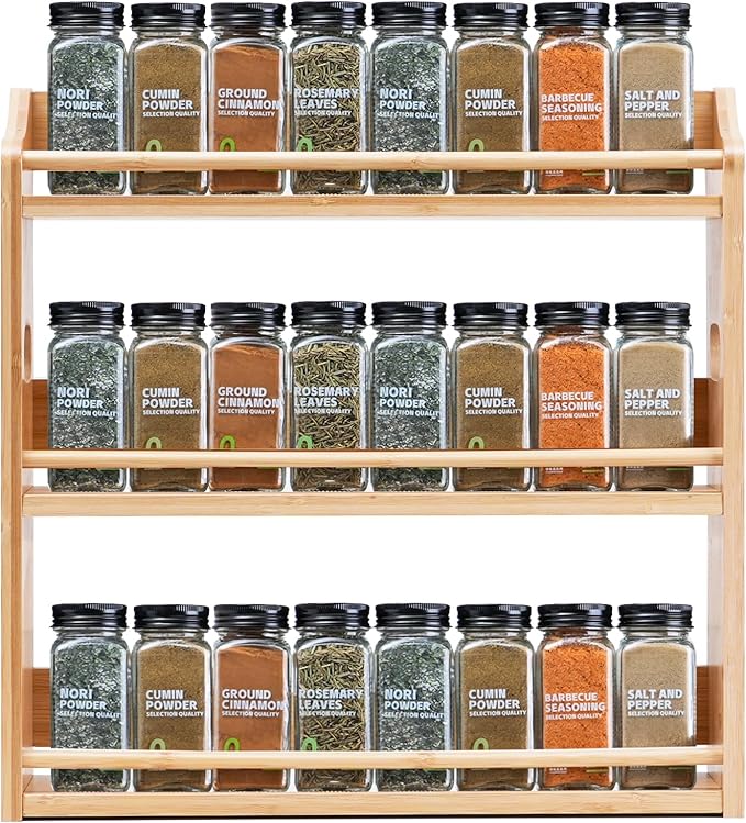 3 Tier Bamboo Spice Rack, Spices Storage Shelf with Handles, Seasoning Jars Organizer for Kitchen Counter or Wall Mounting