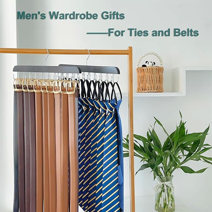 2 Pack Belt Hanger for Closet Organizer,Belt Organizer for Closet | Wooden Belt Storage Organizer with 20 Metal Hooks for Space Saving,Foldable Belt Holder for Belts,Tank Tops,Ties(Black)