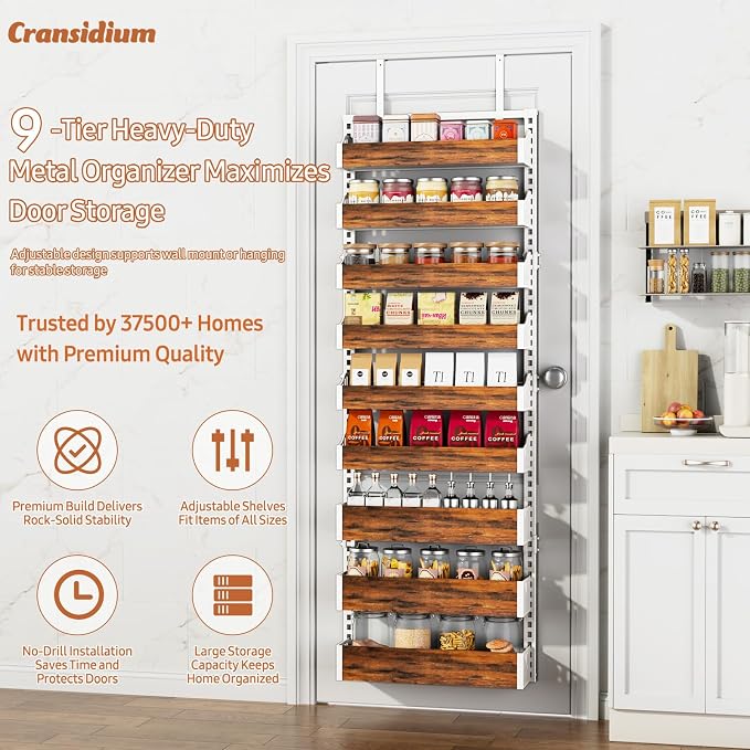 Over the Door Pantry Organizer: Pantry Organization and Storage with Hanging Basket - 9-Tier Metal Spice Rack Adjustable Shelves for Kitchen Bedroom Bathroom & Laundry Room White