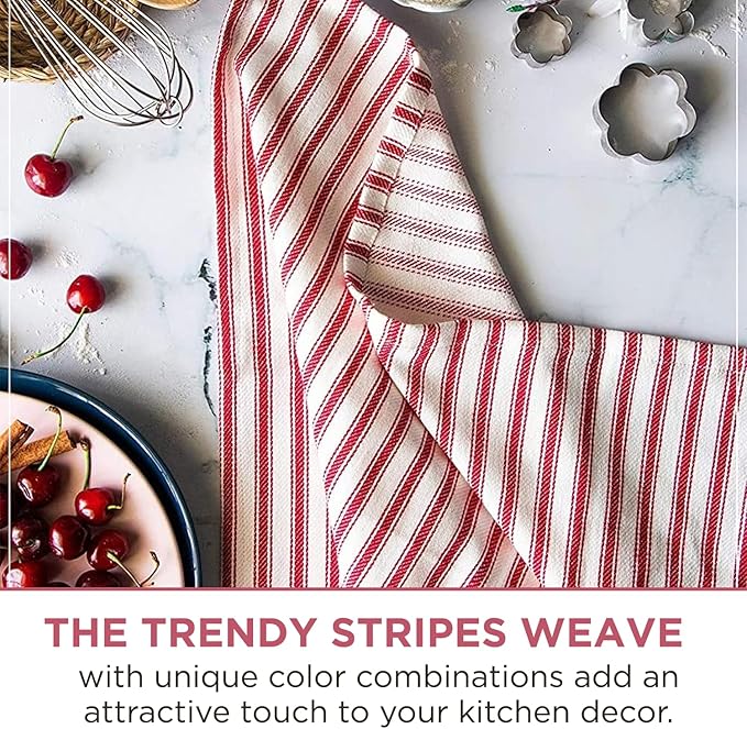 Stripe Kitchen Dish Towels With Hanging Loop - Boho Absorbent Festive Gift Set of 6 - Reusable 18x28 Inch Pantry Decor - Trendy Spring French Red