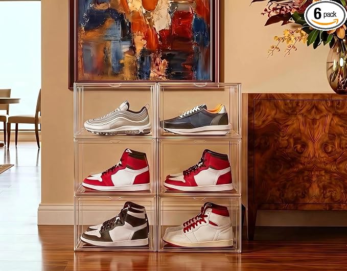 6 Pack Thickened Shoe Boxes Clear Plastic Stackable, Substantial Sneaker Storage Organizers with Lids, Collapsible, Large Magnetic Door, Heavy Duty, Fit Up to US Size 14