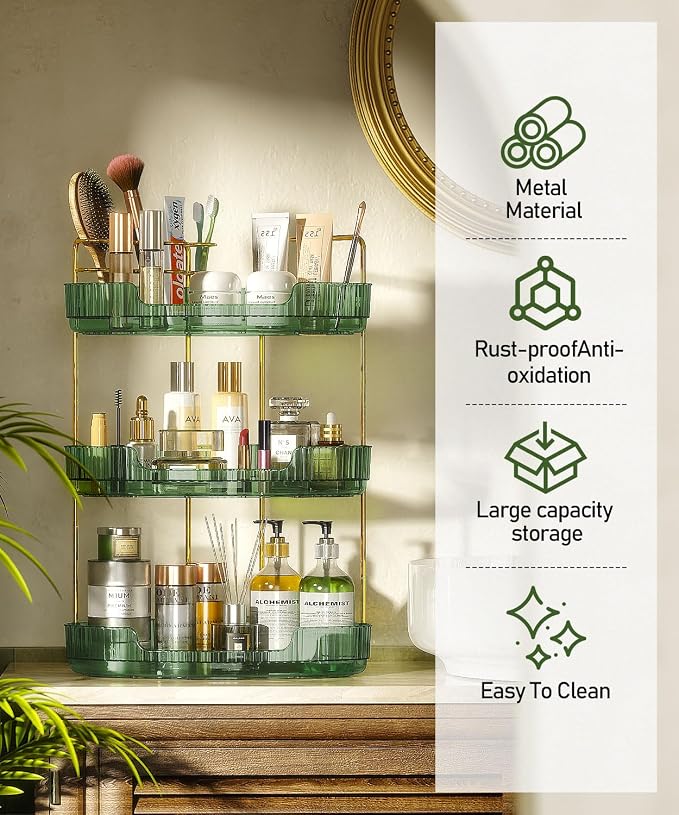 EUHOME 3-Tier Corner Bathroom Counter Organizer Makeup Cosmetic Storage, Tool-Free Installation Acrylic Vanity Shelf, Skin Care Organizer Perfume Tray for Countertop Bathroom, Dresser, Kitchen (Green)