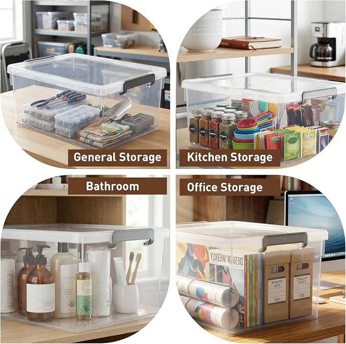 Citylife 33 Qt Ultra-Thick (3.82mm) Clear Plastic Storage Bins with Lids, 6-Pack Stackable Straight-Wall Closet Organizers with Honeycomb Base & Pinch-Free Latches for Garage, Clothes & Holiday Decor