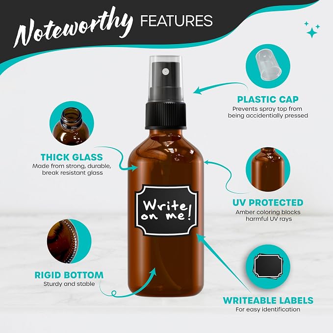 Nevlers 4 Oz Amber Glass Spray Bottles for Cleaning & Refreshment 48 Pack | Amber Glass Bottles | Mist Bottle Sprayer w/ Shrink Wrap, Funnel, Brush, Marker & Labels | Small Spray Bottle for Hair & Face