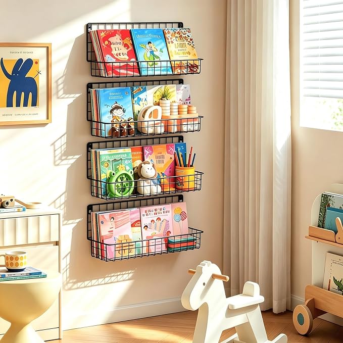 X-cosrack Floating Book Shelves for Wall Kids Bookshelf,Metal Hanging Wall Mounted Shelf for Nursery Toddler, Kids Room, Classroom,Set of 6,Black,2 Sizes