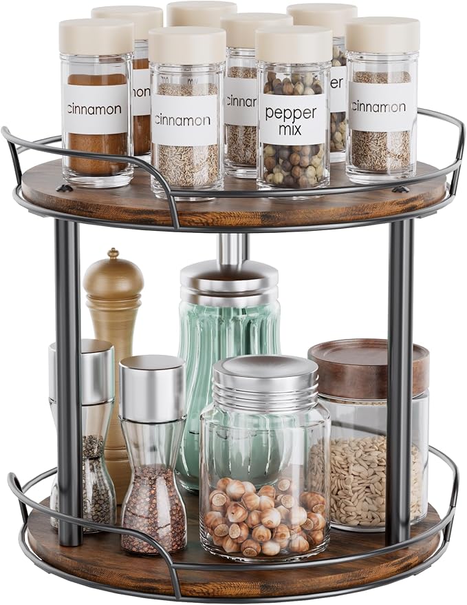 10'' Rotating Spice Rack, 2-Tier Lazy Susan Turntable Organizer | Wooden, for Cabinet, Table Top, Kitchen Countertop, Pantry, Bathroom, Vanity, Home Decor