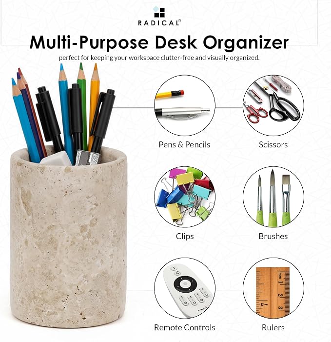 Radicaln Marble Pen Holder For Desk 4" Inches Travertine Handmade Pencil Holder & Pen Holder for Home & Office Desktop Organizer, Ideal Marble Toothbrush Holder