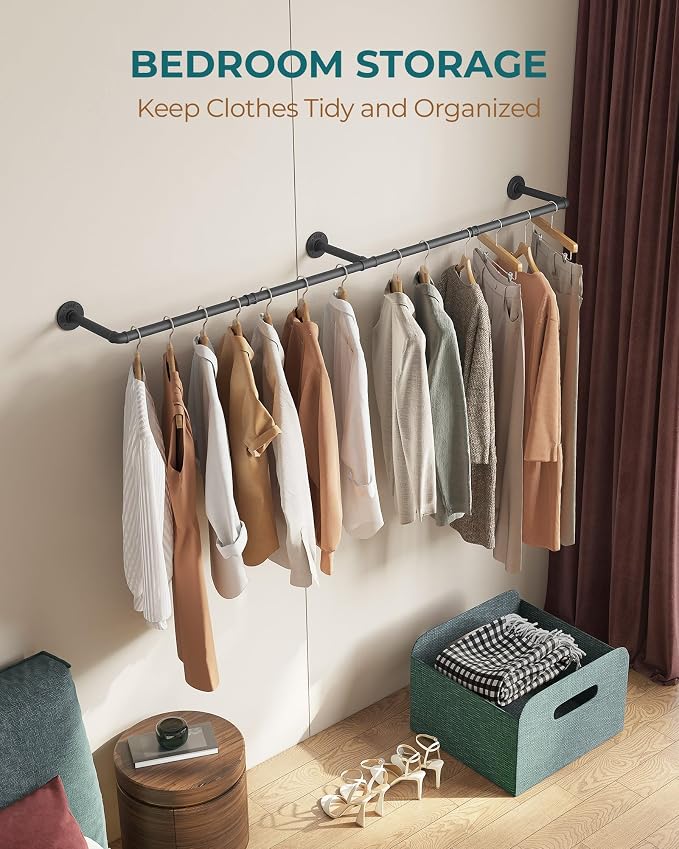 OROPY 65.7" Heavy Duty Industrial Pipe Clothes Rack for Hanging Clothes | Wall Mounted Clothes Bar, Space Saving Iron Garment Rack, Multi-Purpose Hanging Rod for Bedroom, Closet, Black, 3 Base