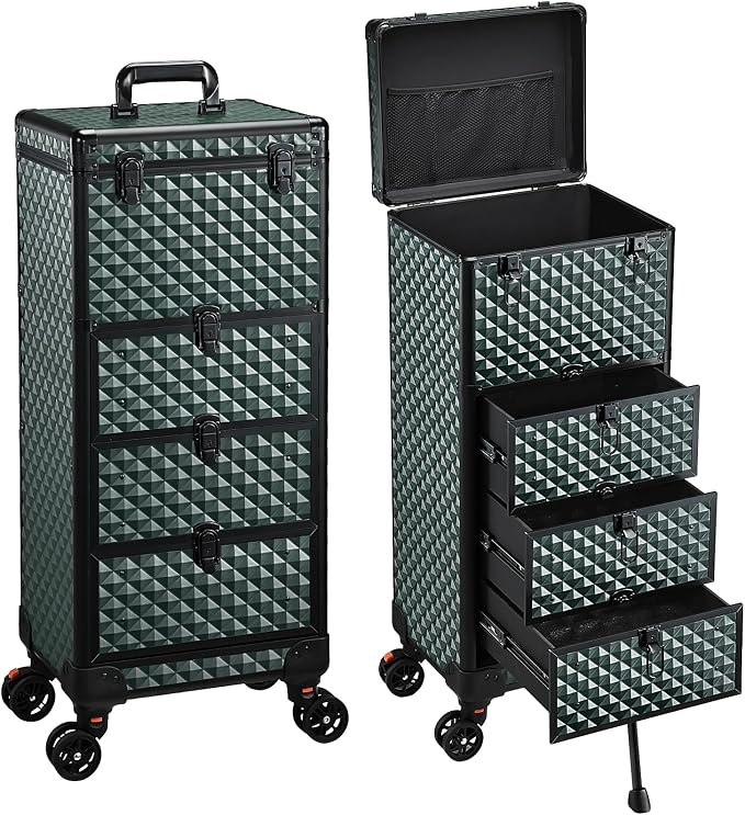 Yueieoun Nail Trolley Cart with 3 Drawers, Salon Station Cosmetology Case on Wheels Rolling Makeup Train Case Nail Case Organizer Beauty Salon Travel Case for Nailart,SPA,Hairstylist,Artist,Dark Green