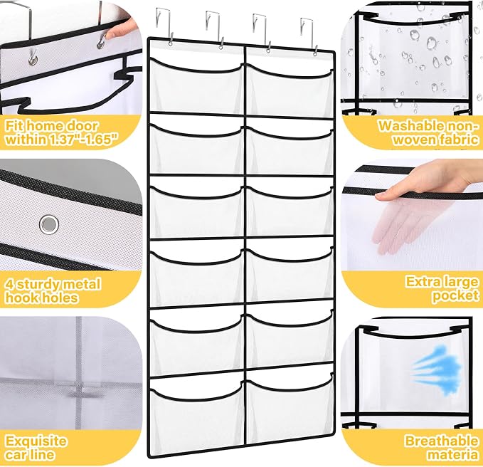 Yookeer Over The Door Hoodie Organizer 12 Large Breathable Mesh Sweatshirt Organizer with 4 Hooks Hanging Pockets Behind Door Holder for Home Dorm Rooms Bedroom Small Spaces Closets Clothing Sundries