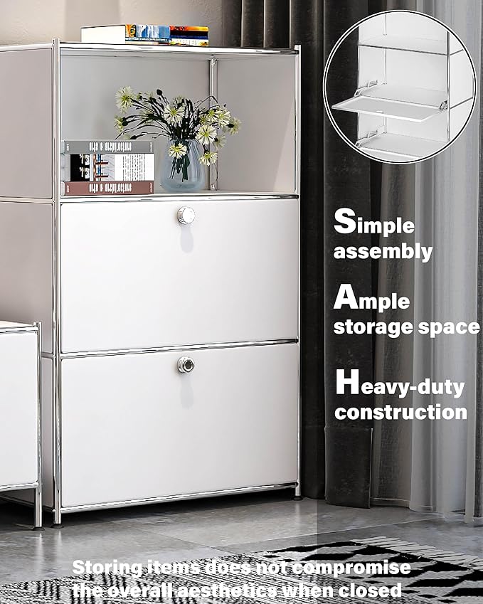 Metal Shelf with 2 Flap Doors, Large Capacity Cabinet,DIY Modern Home Furnishing,Perfect for Home, Office, Kitchen, Hallway,Foyer (White)