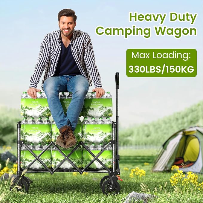Blomoba Folding Wagon Cart with Wheels, 180L 330LBS Heavy Duty Utility Wagon, Beach Wagon with All-Terrain Wheels, Portable Grocery Wagons for Camping, Shopping, Garden, Sports, Black