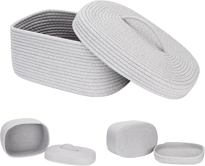 Sea Team Oval Cotton Rope Storage Basket with Lid, Lidded Woven Storage Bin, Nursery Storage Container, Diaper Caddy, Baby Shower Basket, Box, Organizer, 15 x 11 x 6.5 Inches (Medium, Grey)