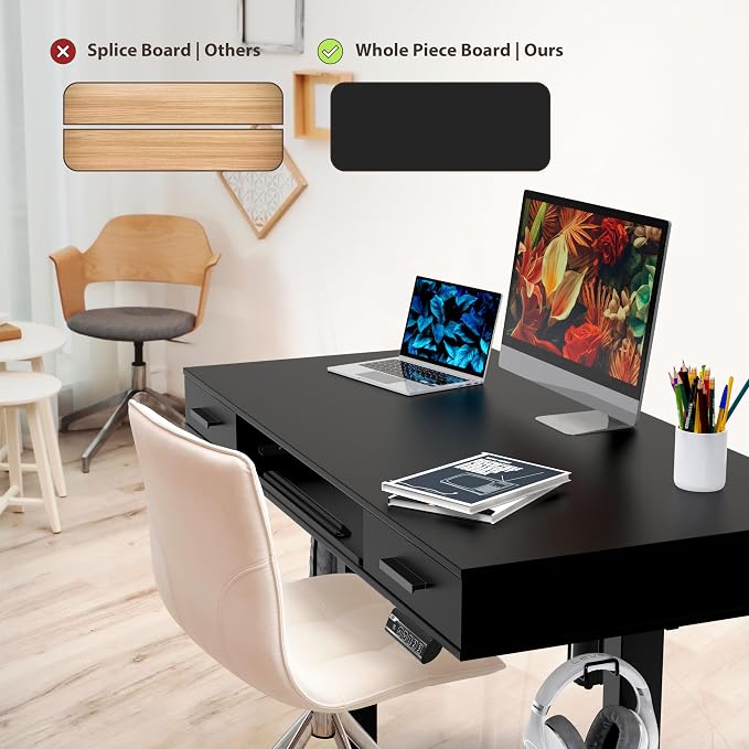 SHW 48-Inch Electric Height Adjustable Desk w/Keyboard Tray, Black | w/ 2 Drawers | Memory Presets and Cable Management | Hanging Hooks
