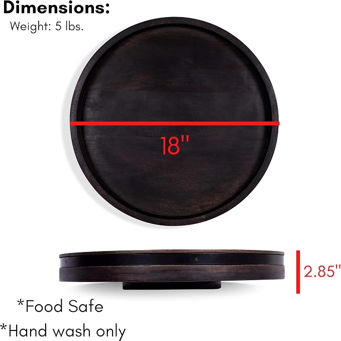 BIRDROCK HOME Wooden Lazy Susan Turntable - Spice Rack Organizer for Kitchen Table, Dining, Pantry and Countertop - Rotating Tray for Condiments - with Burnished Iron Accents - 18" Large, Black