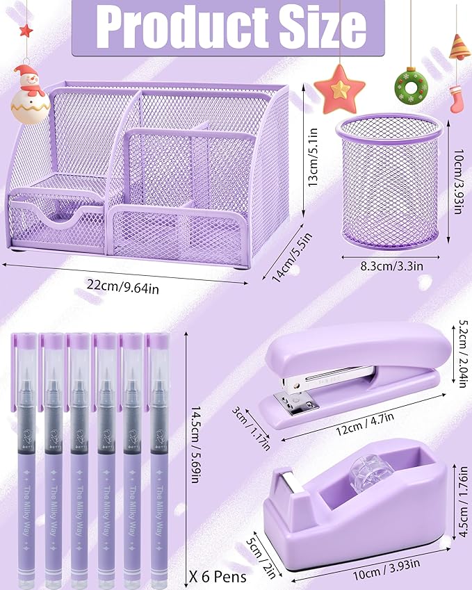 Purple Desk Accessories, 26Pcs Office Supplies and Desk Organizers, with Tape Dispenser, Stapler, Staple Remover Ect, Gift Box Packaging