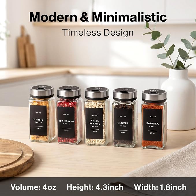EDELHAUS Glass Spice Jars with Label and Silver Sprinkle Lids (24 x 4oz) | Airtight Lids keep spices fresh, Kitchen Spice Drawer Organizer, 4oz Seasoning Containers incl. Funnel, Brush & 240 Labels