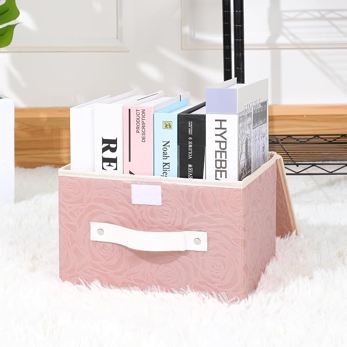 ANMINY Fabric Storage Bin with Lid Rose Print Storage Box Basket with PU Leather Handles Washable PP Plastic Board Decorative Foldable Lidded Shelf Closet Organizer Container - Pink, Medium