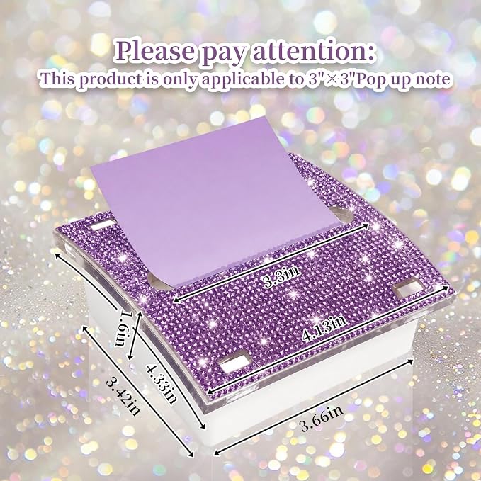Pop up Post it Notes Dispenser,Rhinestone Self Sticky Note Holder,Sticky Note Dispenser,Post it Note Holder,Cute Purple Desk Accessories for Office Supplies,Office Desk Decor(White Purple)
