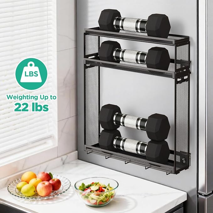 Docnest 3 Tier Wall Mounted Spice Rack with 9 Hooks, Black | Metal kitchen organizer shelf for seasoning jars. Features 2 installation ways using screws or adhesive