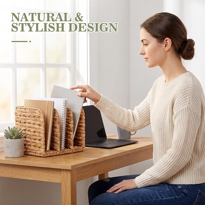 Novabright Water Hyacinth Magazine Holder, Wicker Rattan File Organizer, 3 Vertical Compartments Desktop Paper Sorter for Binders, Notebooks, Envelopes, Woven Boho Office Desk Organizer
