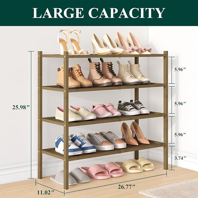 Smiry Bamboo Shoe Rack, 4 Tier Shoe Organizer for Entryway & Closet, Stackable Free Standing Storage Shelf for Shoes, Bags & Plants, Walnut