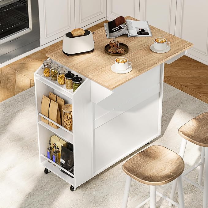 HOOBRO Kitchen Island with Drop Leaf, Rolling Kitchen Island Cart on Wheels | Kitchen Island on Wheels with Drawer & Spice Rack, Island Table with Adjustable Shelves, Kitchen Storage Cart wtih Towel Rack